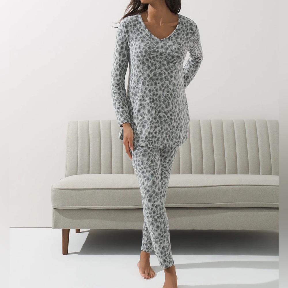 Soma Brushed Cozy Long Sleeve PJ Pajama Set Medium Gray Animal Print